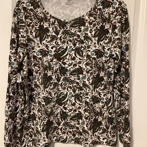 Long Sleeve Floral-Scroll Print Women’s Top - White/Green
